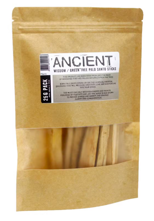 A 25g pack of Ancient Wisdom / GreenTree Palo Santo sticks in a brown kraft paper stand-up pouch with a clear window showing the wooden sticks inside.