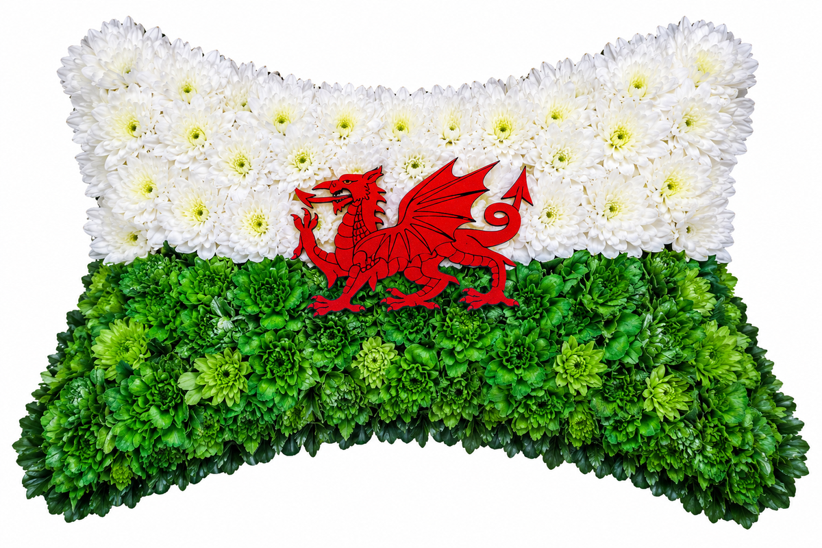 Bespoke flag-shaped funeral floral tribute created in personalised colours and design