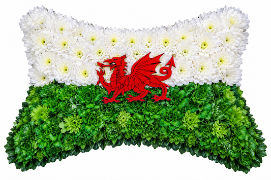 Bespoke flag-shaped funeral floral tribute created in personalised colours and design