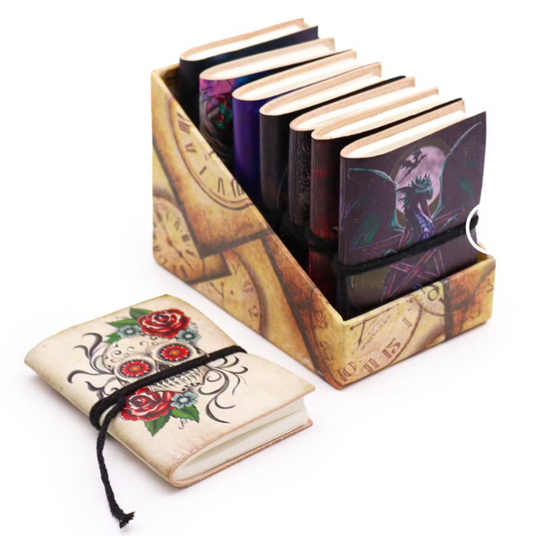 Assorted gothic notebooks with illustrated covers and cord fastening, approximately 7 by 10 cm.