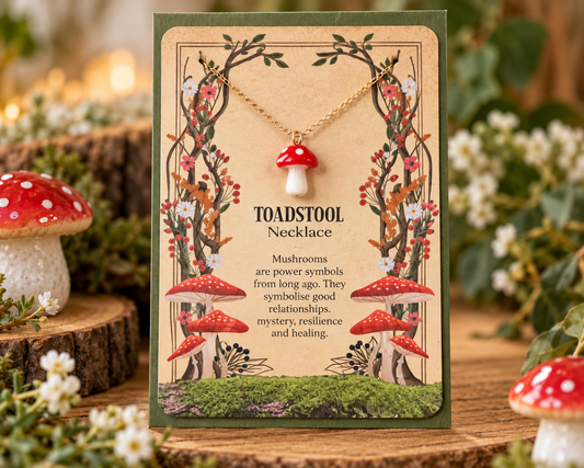 A gold necklace with a red and white toadstool pendant is displayed on a decorative card labeled 'TOADSTool Necklace' with a whimsical forest illustration. The card is photographed on a rustic wooden surface with blurred mushrooms and greenery in the background.