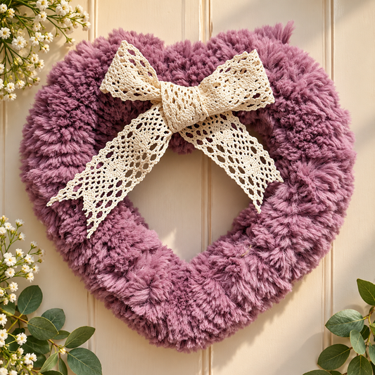 A heart-shaped fuzzy pom-pom wreath in dusty mauve purple with a large cream crochet lace bow, displayed against a cream paneled wall with small white flowers and green leaves around it.