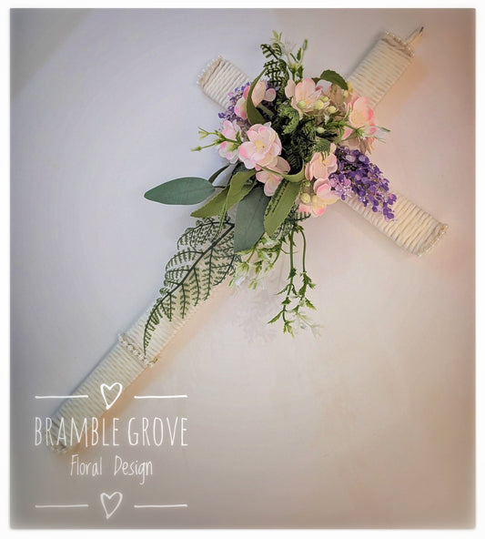 Handmade Floral Cross – Soft Ivory and mixed Posy (18”)