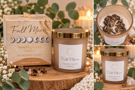A set of three product photos for a 'Full Moon' manifestation candle. The left panel shows the candle's kraft paper packaging box next to the glass jar.
